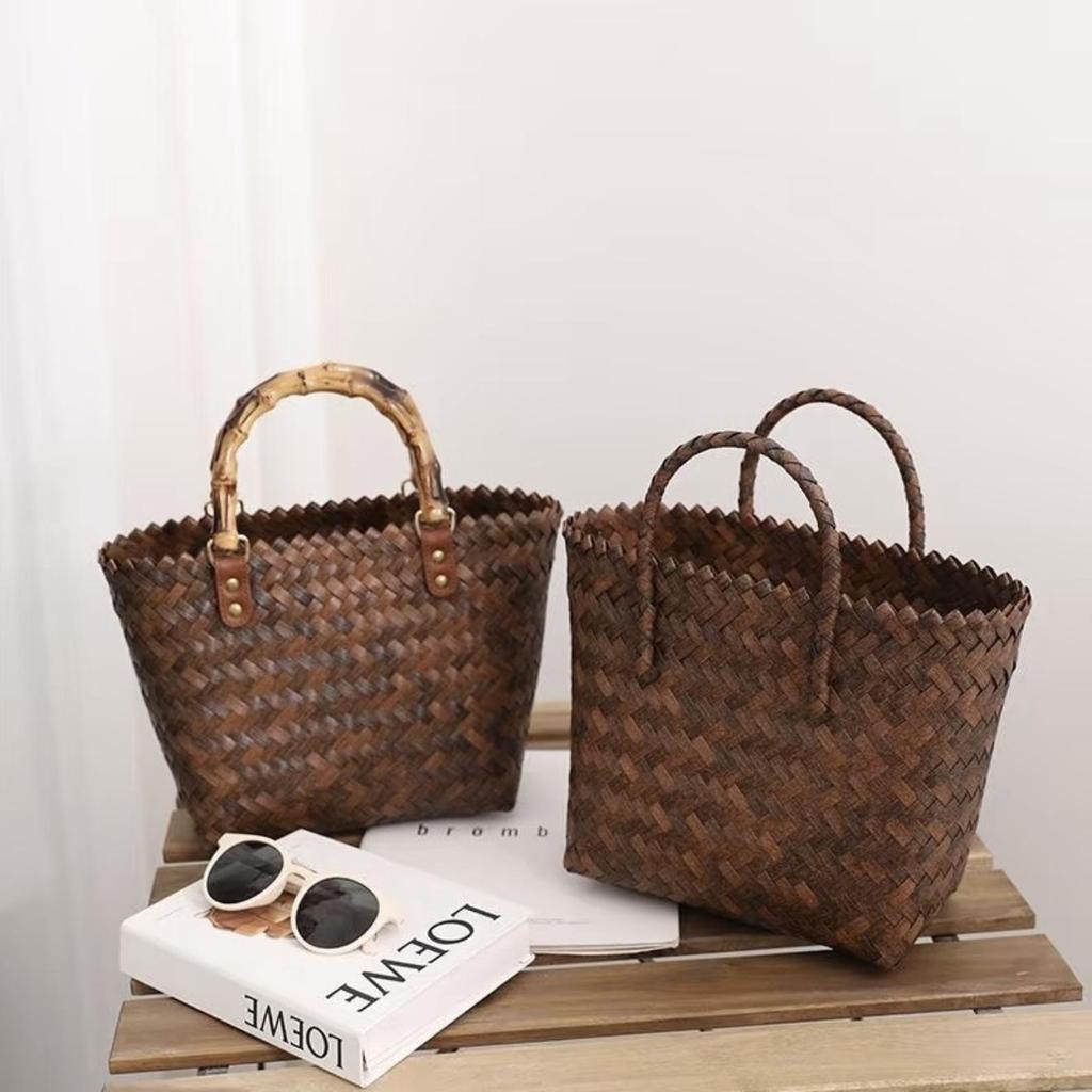 Handmade Rattan Woven Handbag: Retro Bamboo Straw Beach Basket