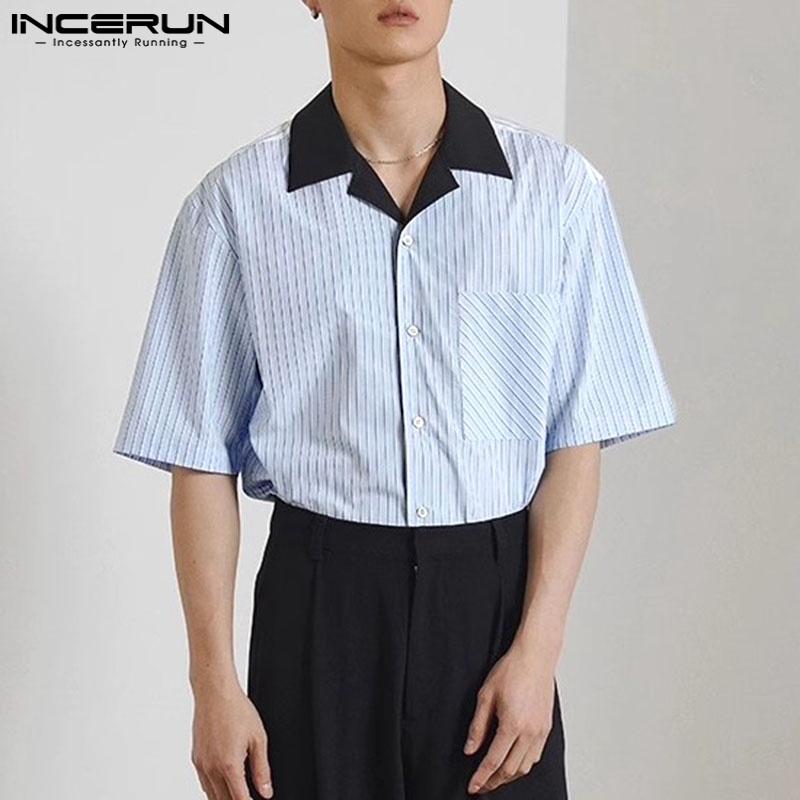 INCERUN Men Summer Oversized Short Sleeve Patchwork Striped Buttons Casual Shirts Tops