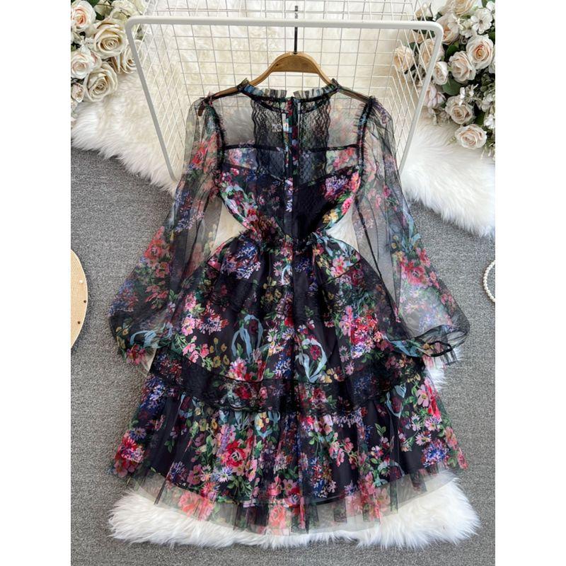 Spring and Autumn Ladies Long Sleeves A- line Dress Mesh