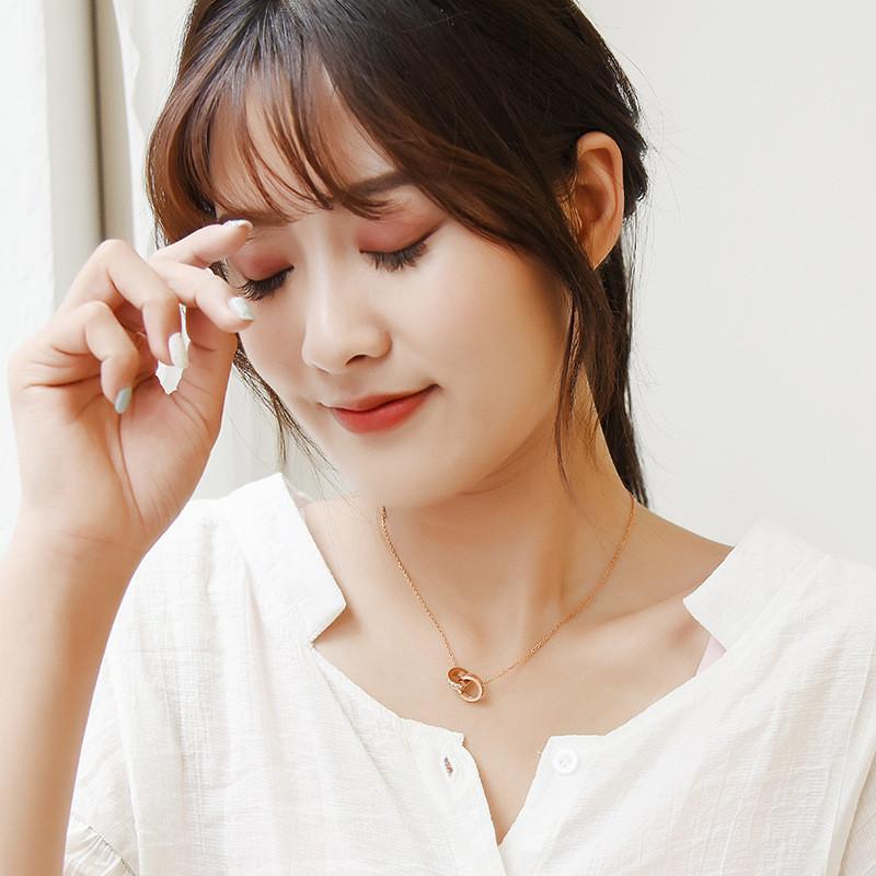Elegant Korean Style Rose Gold Geometric Double Circle Necklace For Women 75cm