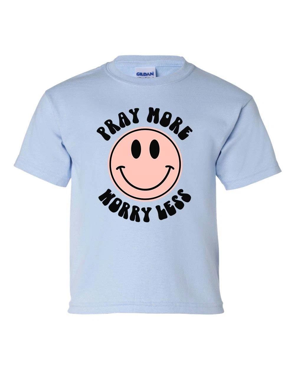 Pray More Worry Less Smiling Face Youth Kids Christian kids boys T-Shirt Graphic Tee 130