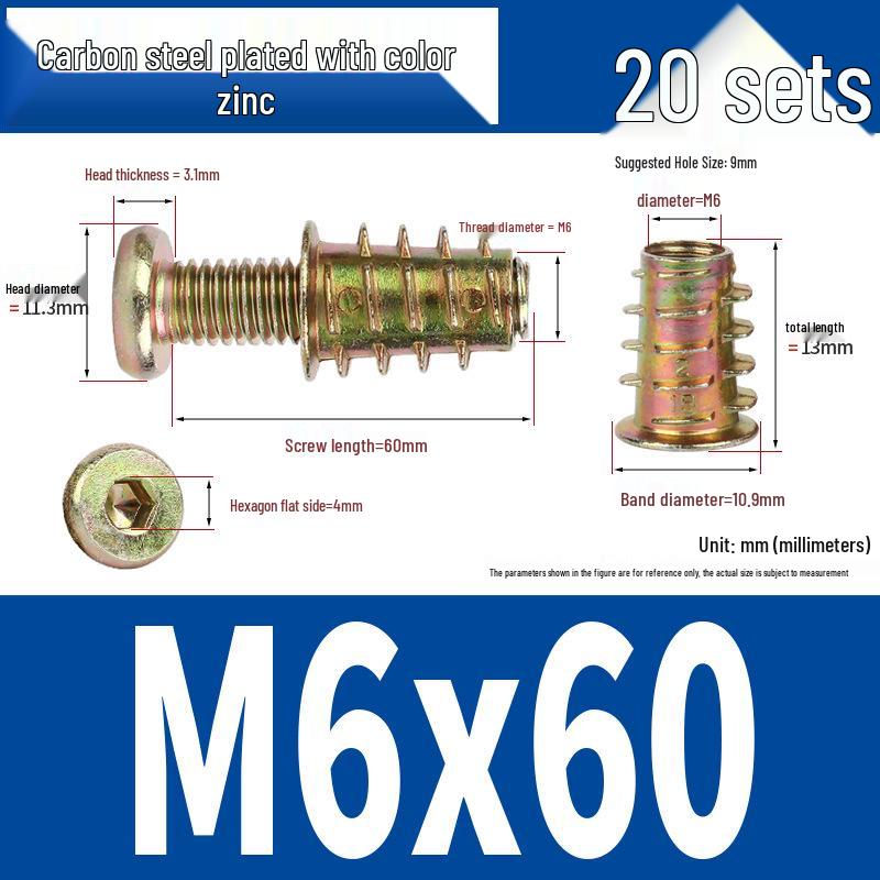 Flat Head Hex Socket Screws & Pre-embedded Nut Set for Wooden Bed Connectors