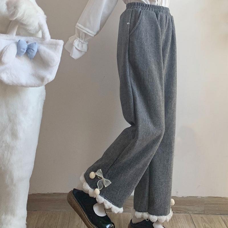 Fleece Japanese Kawaii Pants Women Wide Leg Cute Sweatpants Sweet Harajuku Lolita Vintage Baggy White Trousers with Bow Winter
