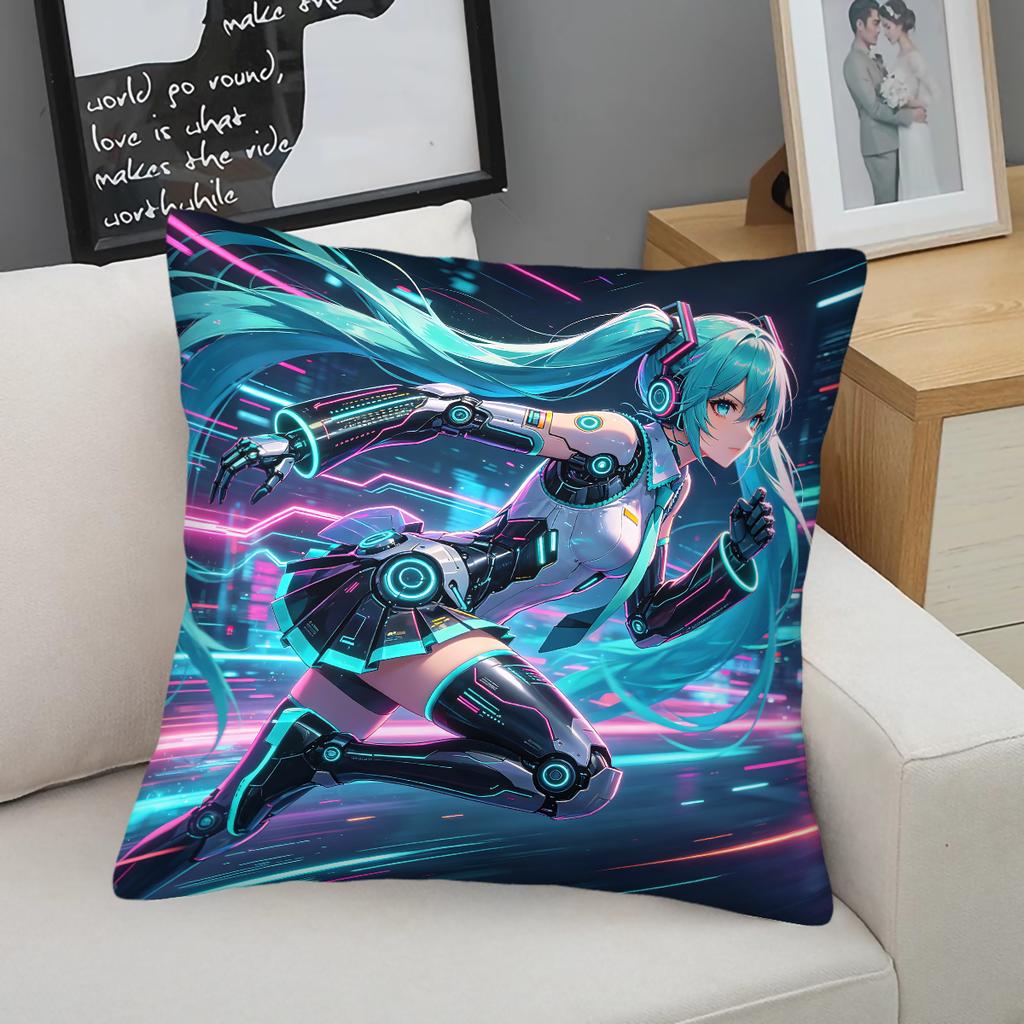Hatsune Miku Cyberpunk Throw Pillow Futuristic Mecha Anime Cushion For Gaming Room Teens Room Sofa Bedroom Decor Gift For Fans