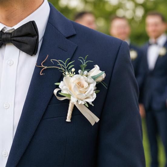 Yousheng White Rose Wedding Boutonniere, Elegant Wrist Corsage, European Style Silk Flower for Bride Groom Bridesmaid Groomsman Parents