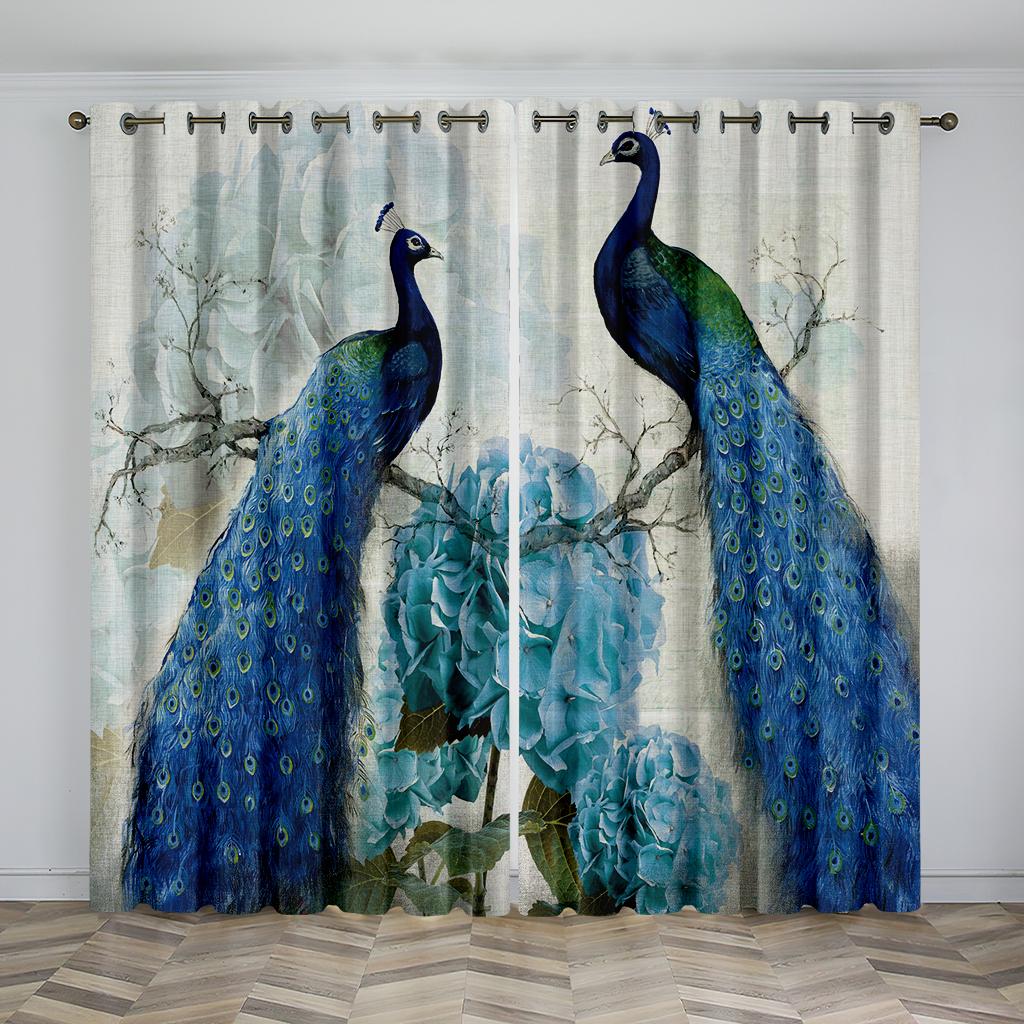 Peacock Blue Feather Animal-themed Blackout Curtains, a Set of Two Panels, Suitable for Decorating Living Rooms, Bedrooms, Studi