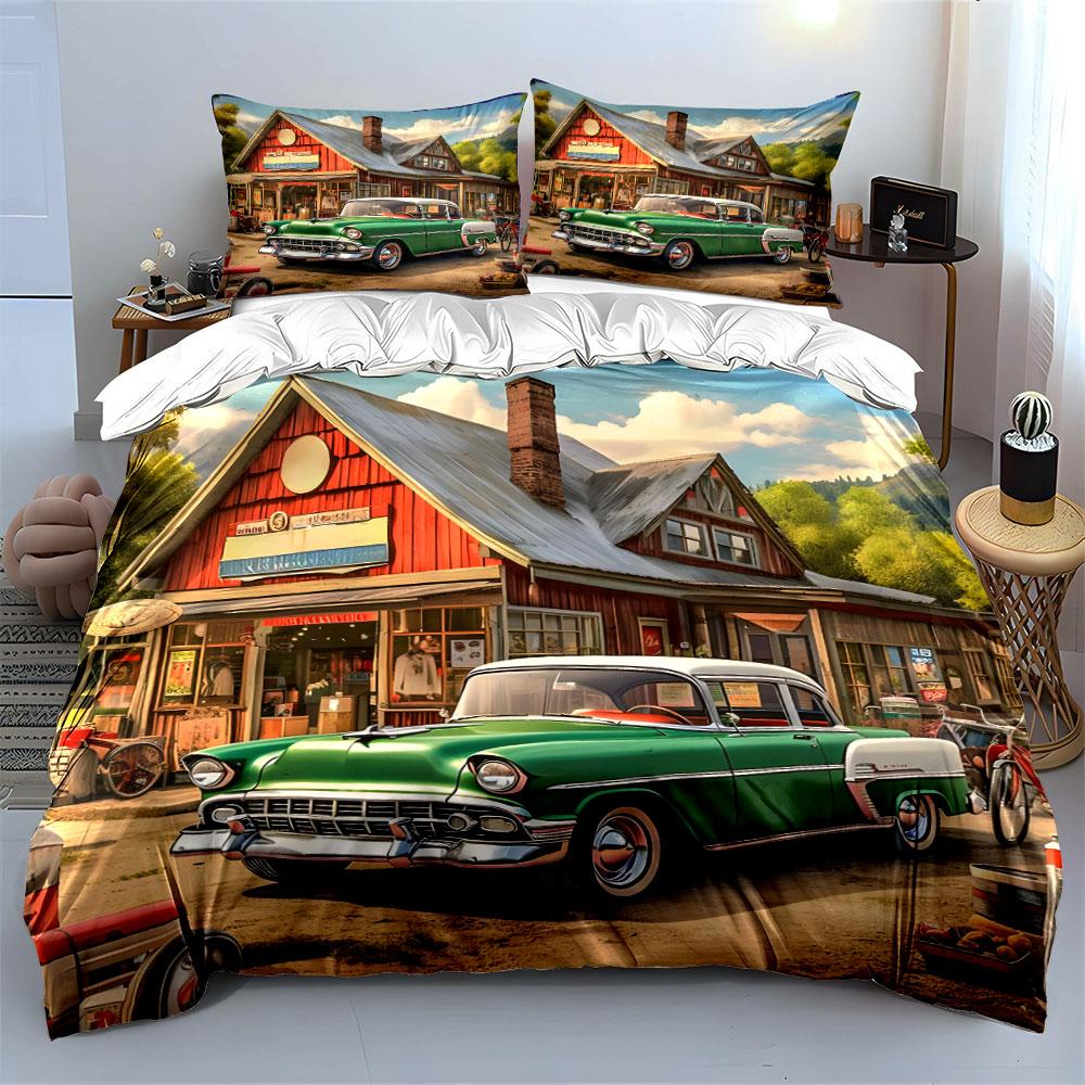 Klassisches Oldtimer-Auto vor Landgeschäft Bettwäsche-Set 1 Bettbezug 2 Kissenbezüge für Erwachsene und Kinder Luxusgeschenk