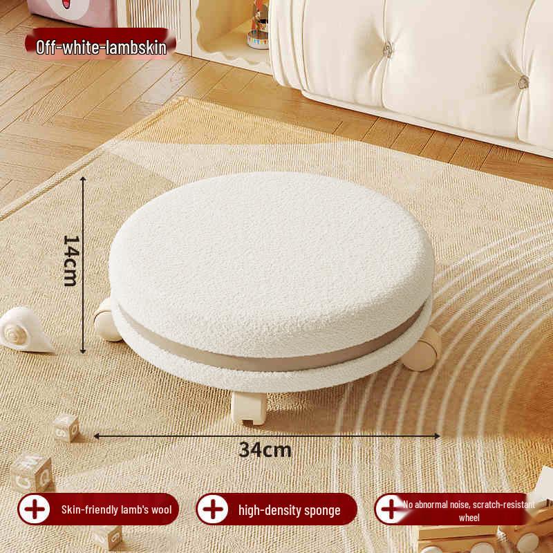 Cream Low Stool with Backrest and Universal Wheels - Ideal for Home, Grout, and Children's Use, Silent Sliding Design