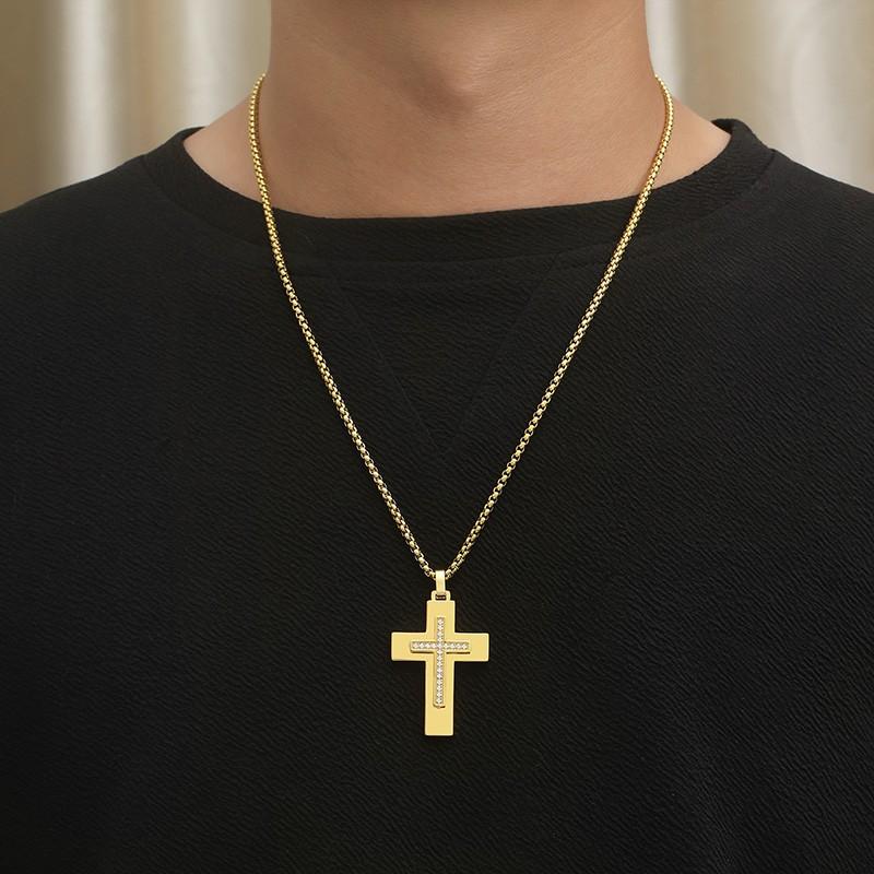 New Zircon Cross Pendant Necklace for Women Men Free Gifts Square Pearl Chain Gold Color Jewelry Trendy One Piece Necklace