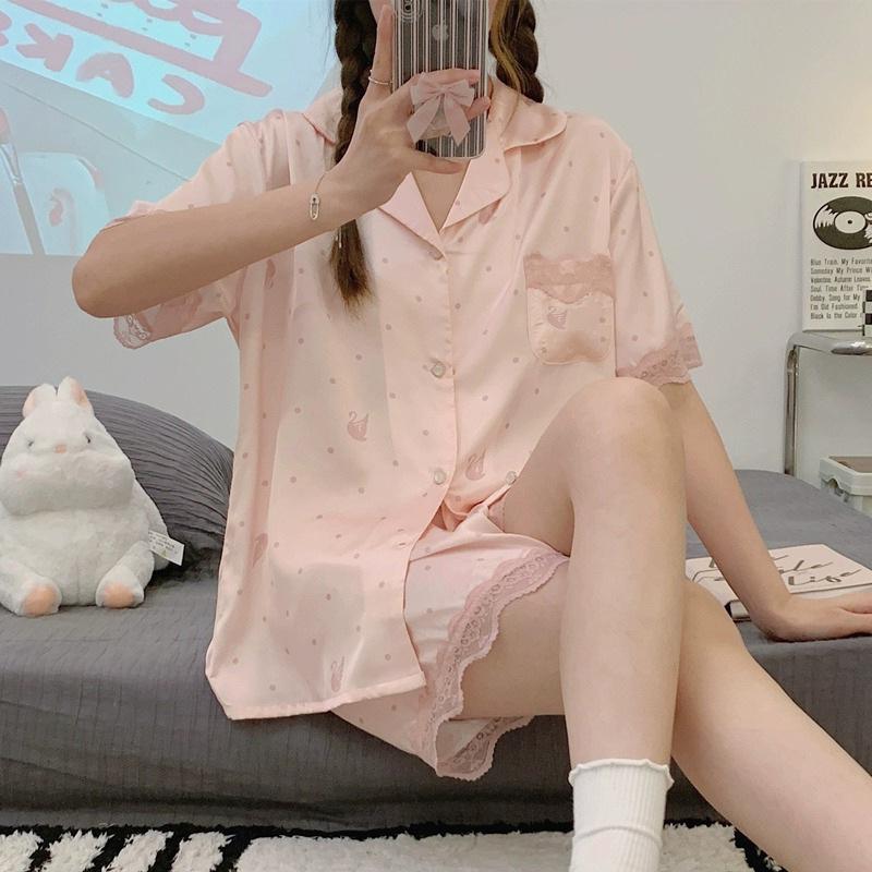 Premium Silver Powder Cartoon Ice Silk Pajamas Women'S Summer Short-Sleeved Loose And Comfortable Loungewear Set