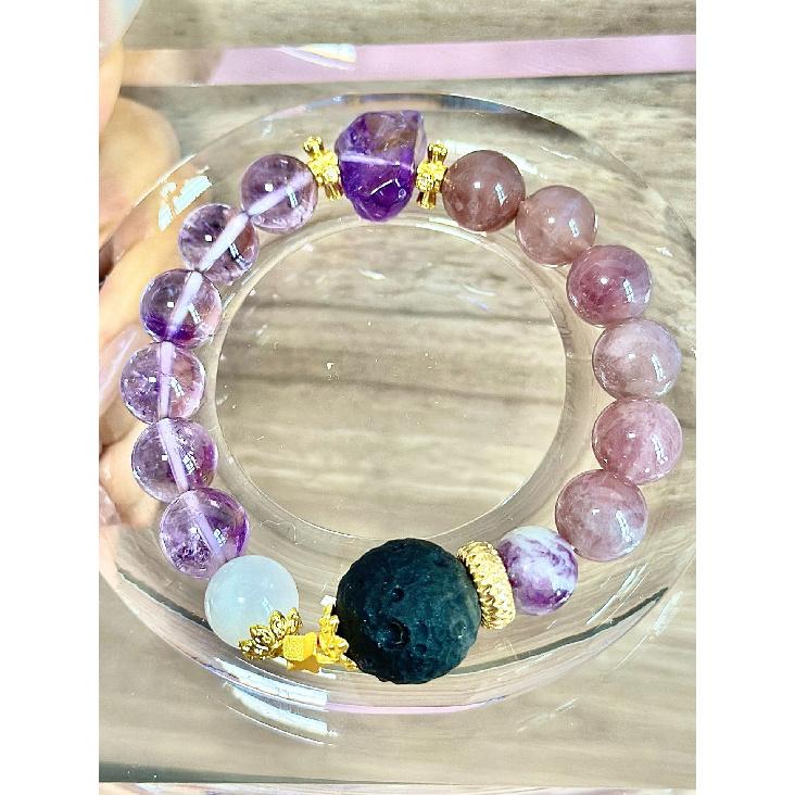 Natural Five Elements Multi-Gemstone White Crystal, Amethyst, Green Phantom Quartz, Strawberry Quartz Multi-Gemstone Single-Strand Bracelet for