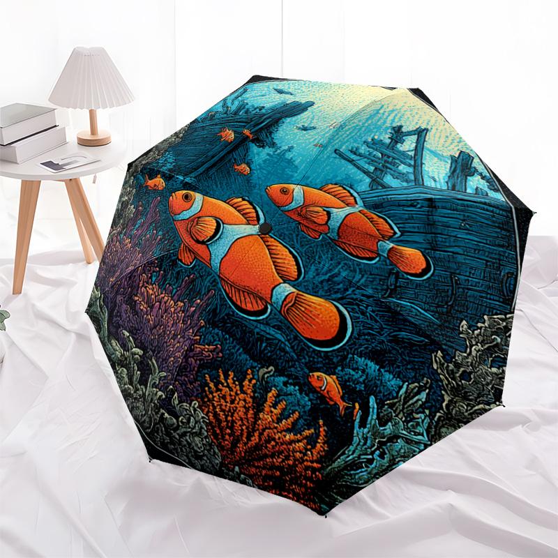 1 Stück Automatischer Faltregenschirm - Clownfisch-Muster, Tragbares & Faltbares Design mit 8 Speichen, Weihnachts-Geburtstagsgeschenke