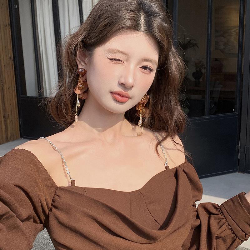 Boucles d'oreilles Puce Fleur en Mousseline Aiguille d'Argent Pompon en Résine Rétro Y2K - Bijoux de Niche Haut de Gamme