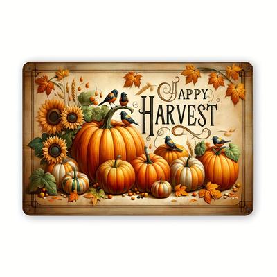 Rustic Farmhouse Pumpkin Metal Tin Sign - Happy Harvest, Country Crow & Sunflower Art Decor for Bedroom, Dining & Living Room