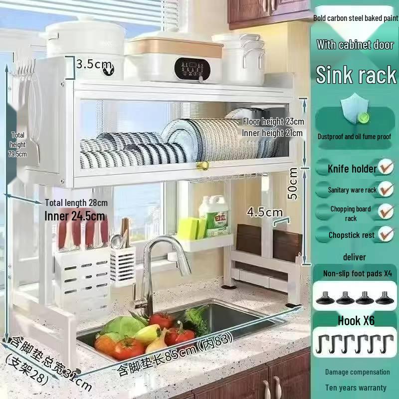 Multi-functional Kitchen Sink Cabinet Rack: Dustproof Countertop Storage for Bowls, Plates, and Dishes with Drainage.