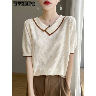 Women's Slanted Square Neck Ice Silk Knitted Short Sleeved Summer New T-shirt Design Sense Niche Slimming Top