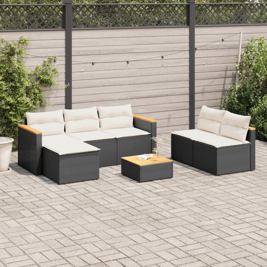 5 piece garden sofa set with cushions black poly rattan & acacia