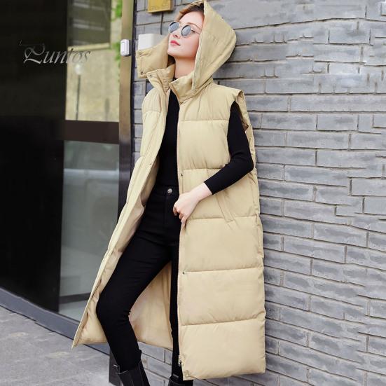 Winter Women Waistcoat Thickened Padded Zipper Closure Hooded Loose Fit Adjustable Waist with Belt Sleeveless Solid Color Windproof Heat Retention