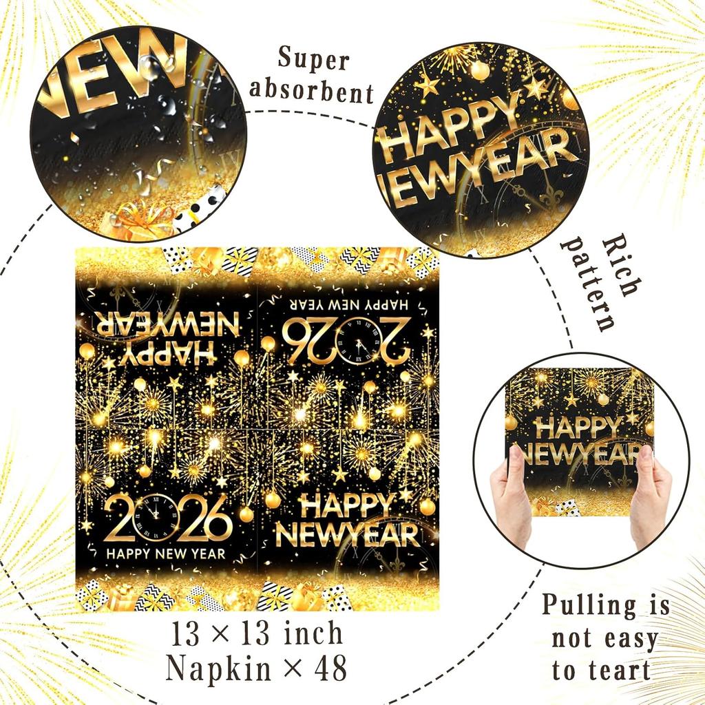 48 Pcs Happy New Year Napk 2026 New Years Eve Party Supplies Black Gold Disposable New Year Paper Napkin for New Years Table Decorations