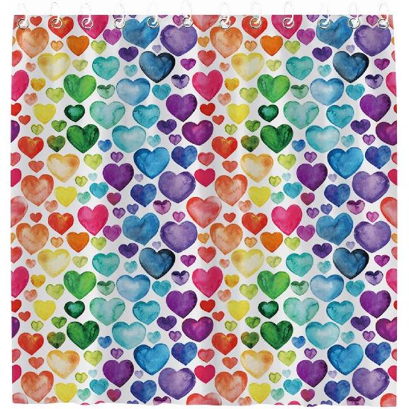 Colorful Heart Shower Curtain Valentine Romantic Sweetheart Cute Fashion Girl Psychedelic Gradient Geometric Rainbow Party Holiday Pattern Design