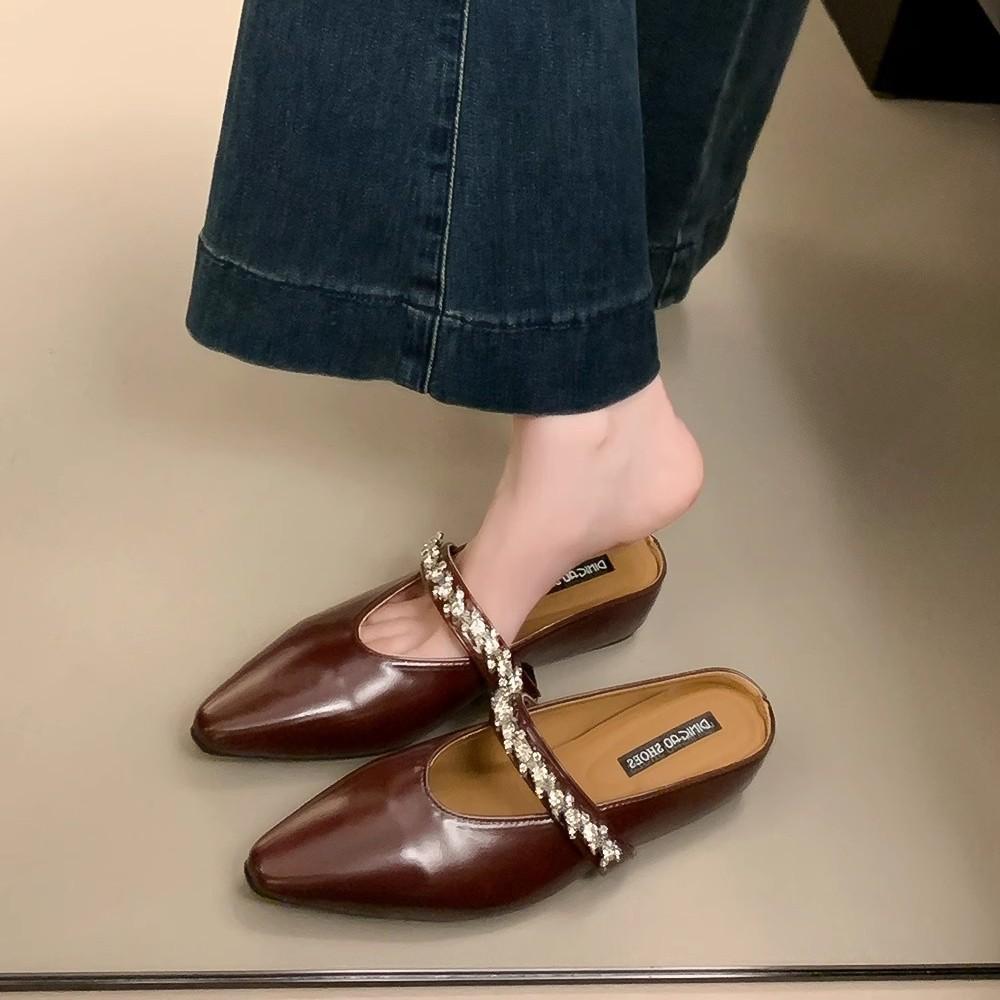French Outer Wear Niche Rhinestone Bag Head Half Slippers Women's Shoes 2025 New Summer Height Increase Muller Cool Slippers