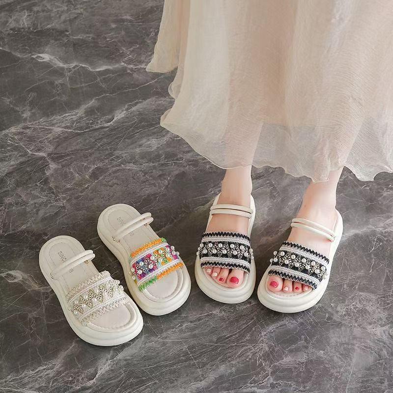 Soft Sole 2025 Slippers Pearl Outer Wear Summer Sandals Skirt New Non-slip Word Fairy Fan Thick Sole Two Wear Trendy