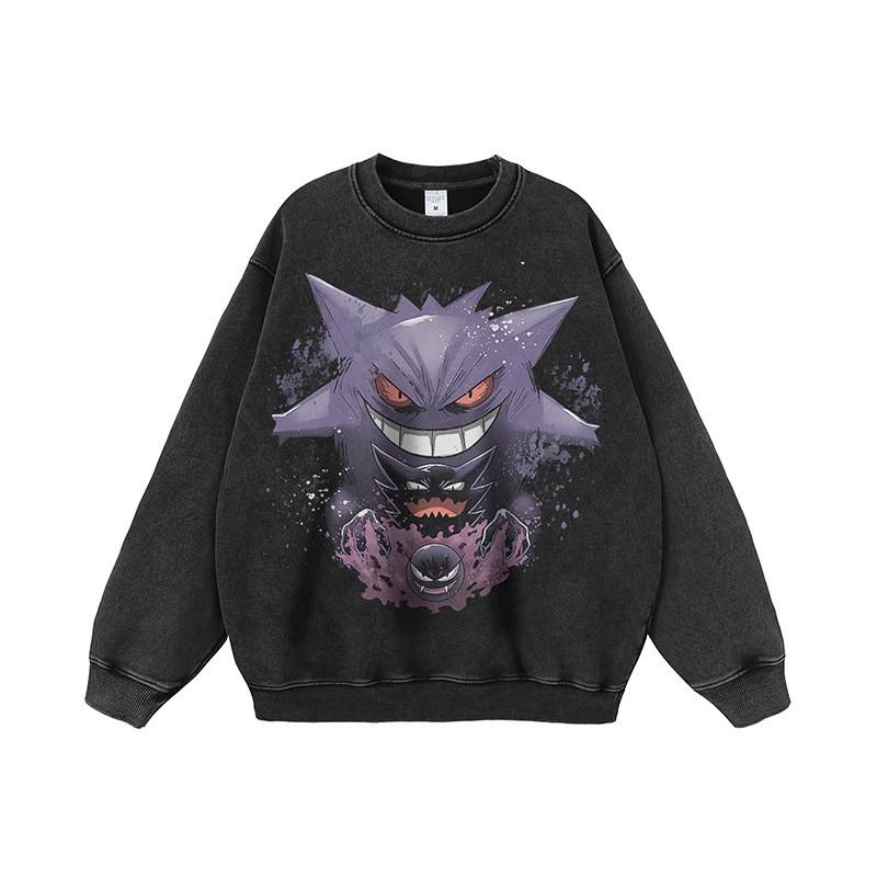 Unisex Harajuku Streetwear Hoodie With Anime Cartoon Print Distressed Wash Cotton Oversized Long Sleeve