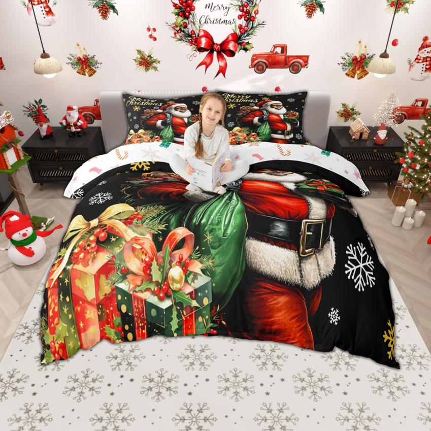 Homewish Cute Snowman Gingerbread House Duvet Cover Set Xmas Santa Claus Bedding Set Sleigh Snowflakes Quilt Cover Set