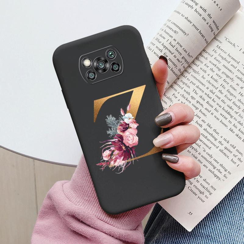 Letter Case For Poco X3 NFC PocoX3 Pro Back Cover Retro Flowers Pink Black Soft TPU Initial Fundas For Xiaomi Poco X 3 Pro Coque