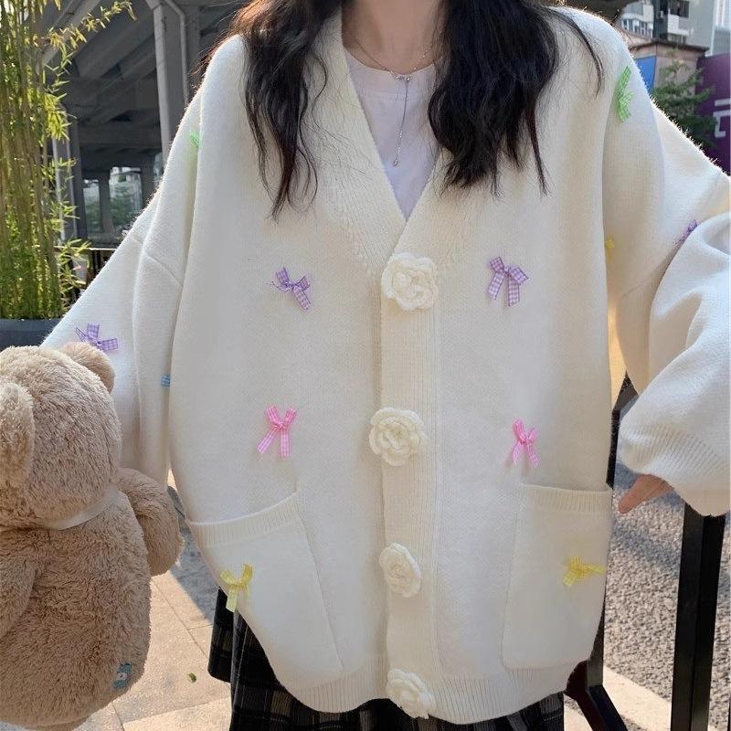 Ladies Bow Flower Decorative Sweater Korean Sweet Women V-neck Knitted Cardigan Autumn Loose Versatile Female Single Breasted