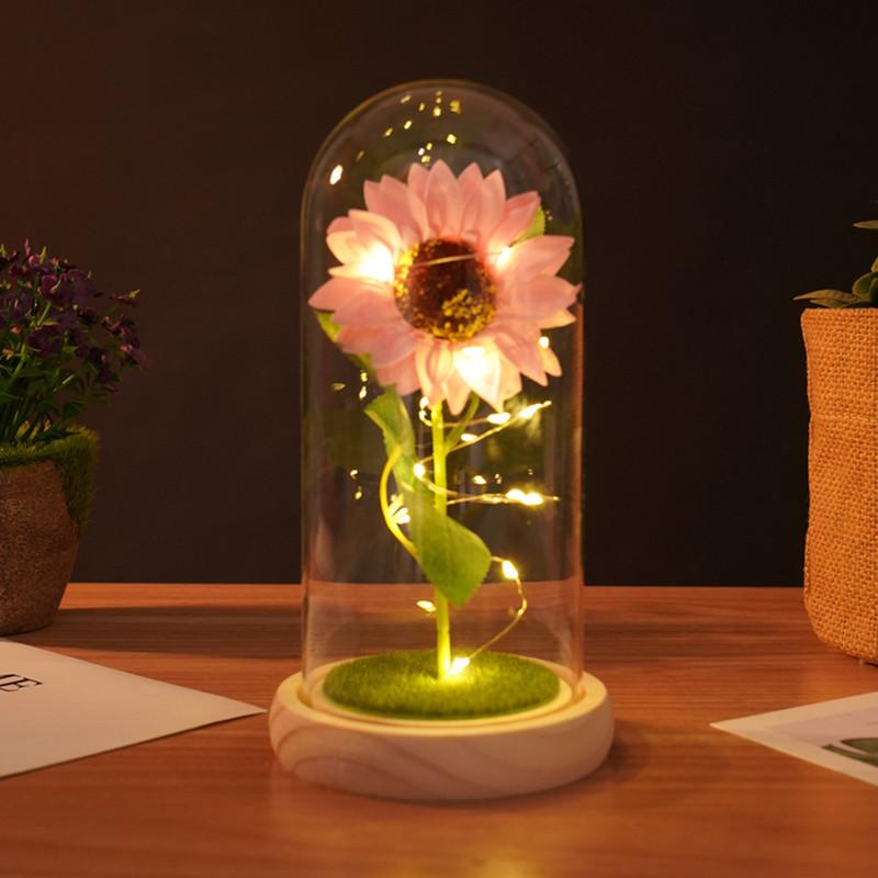 Sunflowers Artificial Flowers In Plastic Dome with LED Strip, Birthday Gifts for Mom & Grandma, Sunflower Decor On Mother's Day
