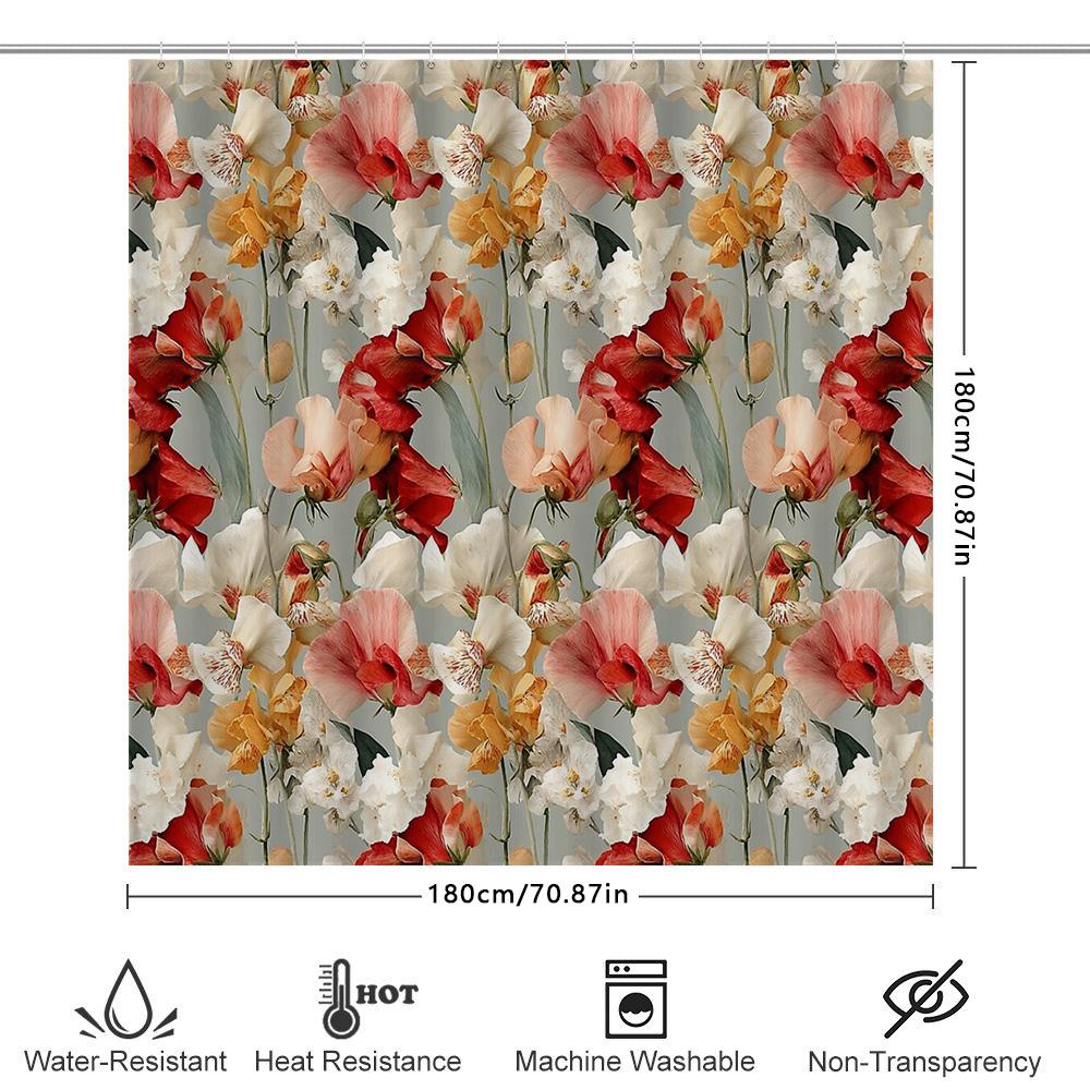 Floral Shower Curtain Botanical Flowers Green Grey Bathroom Decor Vintage Rustic Farmhouse Washable Waterproof Modern Style