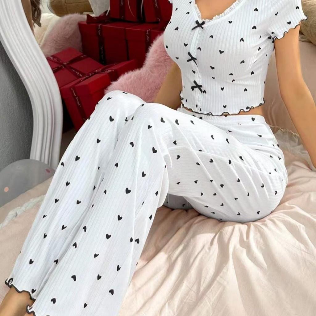 Women's Printed Heart V-Neck Pajama Set - Short-Sleeve Top & Long Pants, Double Layer Gauze, Suitable for Outdoor Wear