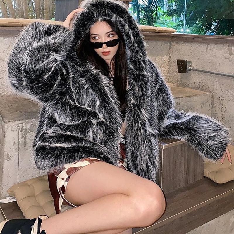 ew imitation fox fur hooded coat women's winter loose wool warm lamb wool coat