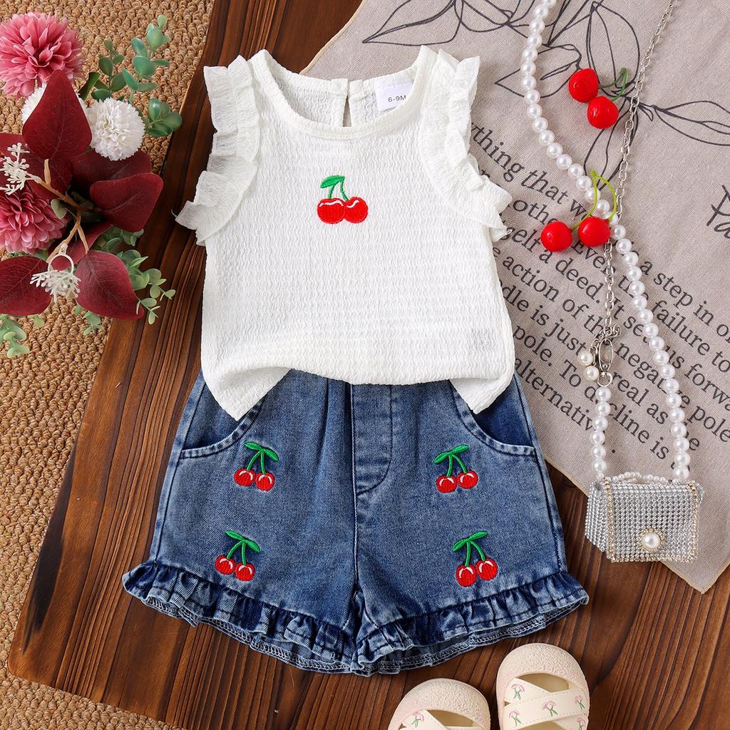 Children's Fashion Set: Summer Girls' Cherry-Print Tank Top + Vintage-Style Jeans Set