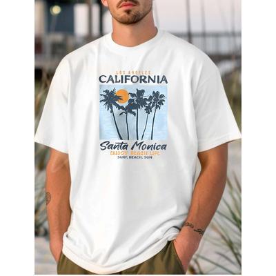 Tamanhos europeus Camiseta branca para Homem: Estampa da Vibe da Praia de Santa Monica em Los Angeles