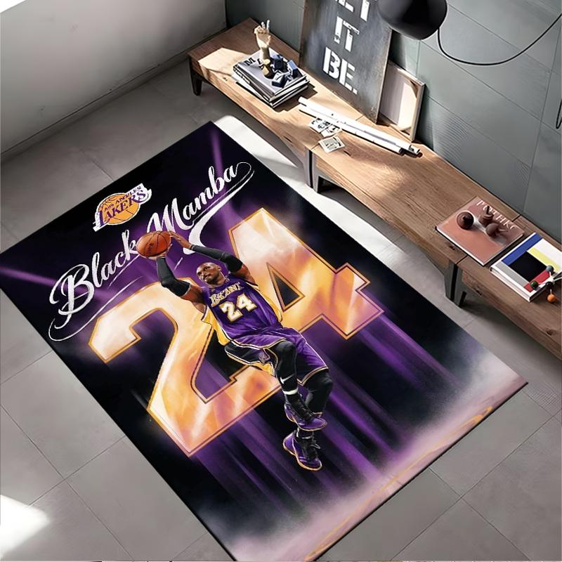 Sports Area Rug, Kobe Bryant Lakers Number 24 Black Mamba Purple Gold Shoot Spotlight Print, Fan Decor, Non-Slip Mat