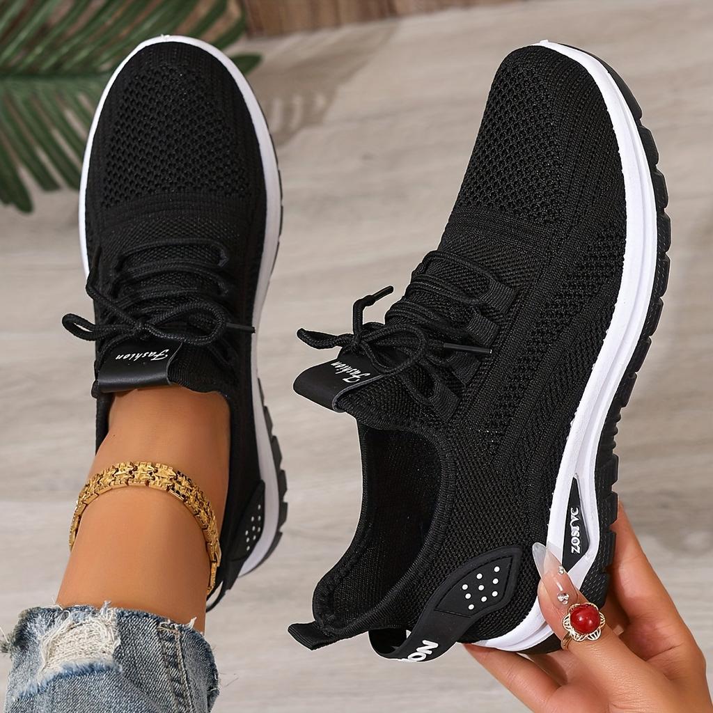 Women's Breathable Knit Casual Sneakers - Lightweight Cushioned EVA Sole, Anti-Slip Traction, All-Season Comfort, White Low-Top Lace-Up Shoes