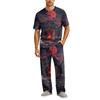 Men's Pajama Set Short Sleeve Top and Long Pants with Button Crotch and Elastic Waist Drawstring