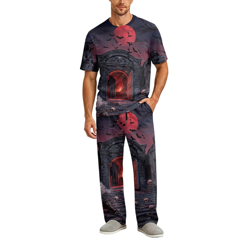 Men's Pajama Set Short Sleeve Top and Long Pants with Button Crotch and Elastic Waist Drawstring