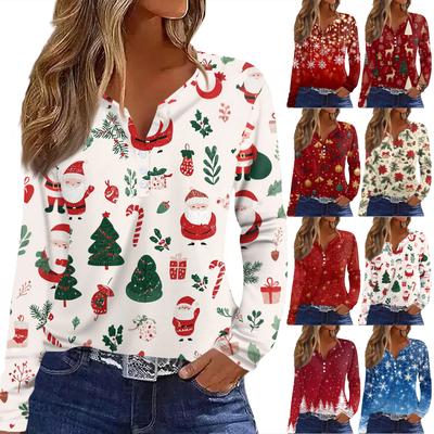Women's T Shirt Tee Christmas Print Button Long Sleeve Daily Weekend Fashion Basic V- Neck Regular Top