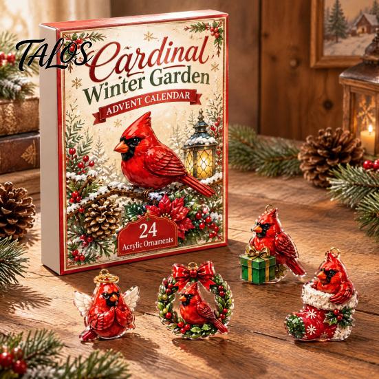 Christmas Tree Holiday Decorations Acrylic Advent Calendar Box with 24 Bird Themed Hanging Ornaments, Countdown Festive Decoration for Home Window And