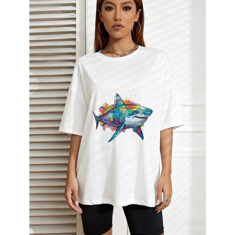 White Oversized T Shirt With Colorful Shark Print For Casual Wear