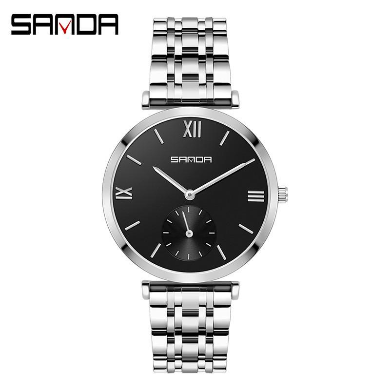 Sanda Trendy Diamond Roman Numeral Couple Watches - Steel Band, Waterproof Women's Wristwatch
