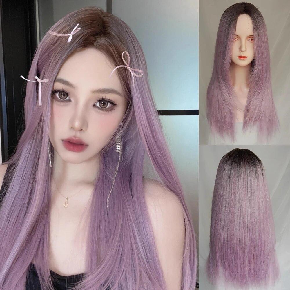 Perruque synthétique longue violette mixte avec raie au milieu pour femme, style Lolita, cheveux naturels et duveteux, résistante à la chaleur, idéale pour un usage quotidien ou une soirée.