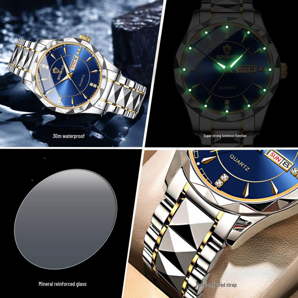 Tycoon Gold Men's Stainless Steel Double Calendar Waterproof Watch
