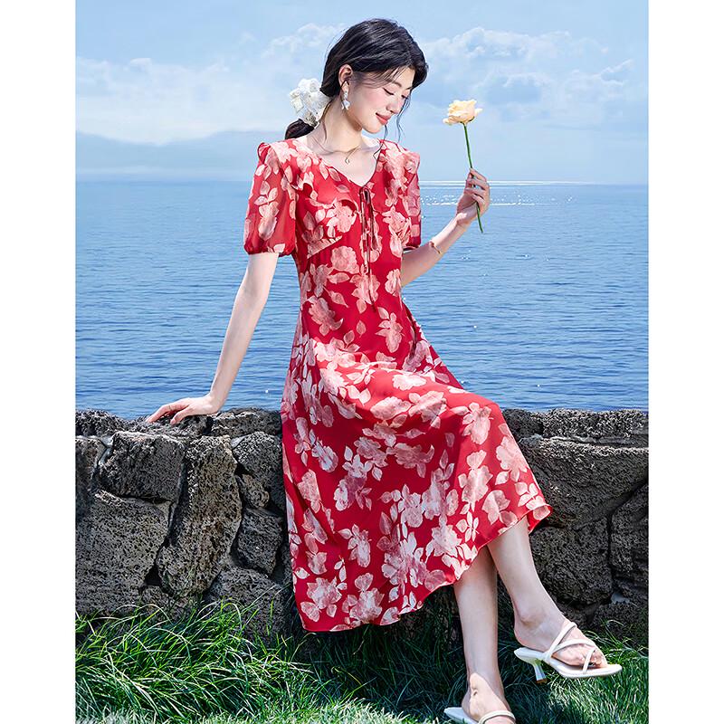 

2025 Summer Red Floral Print Midi Dress L
