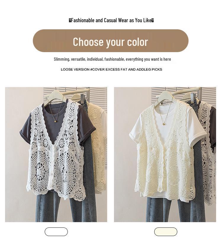 Elegant Plus Size Women's Floral Crochet T-Shirt and Vest Set - Korean Design