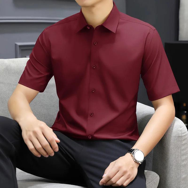 New Men's Business Casual Solid Color Short Sleeved Shirt for Summer Fashion No Ironing Comfortable and Versatile Top