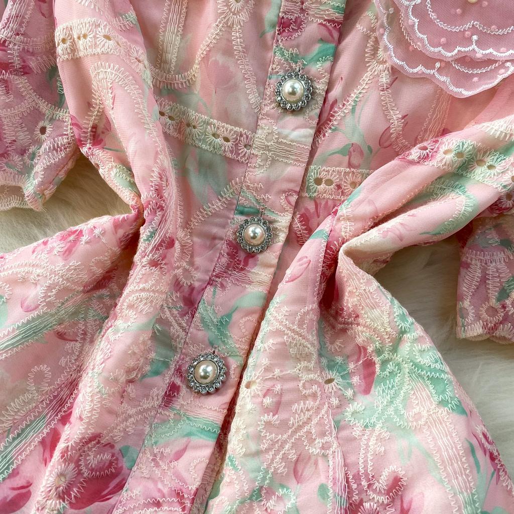 Elegant 2 Piece Set Women Summer Spring Floral Print Embroidery Prom Evening Party Long Dress Suits Crop Top Skirts Suits